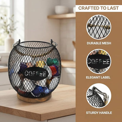 Coffee Pod Holder, K Cup Organizer Basket with Handle Wooden Base, Sturdy Metal Wire Capsule Pod Storage Container for Kitchen Countertop, Office, Coffee Bar