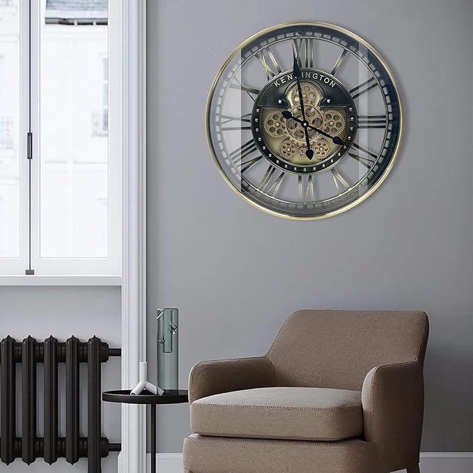 Real Moving Gears Wall Clock Large Modern Metal Clocks for Living Room Decor, Industrial Steampunk Unique Vintage Rustic Decorative Clock for Home Farmhouse Office, 27.6 Inch,Brass Gold Roman