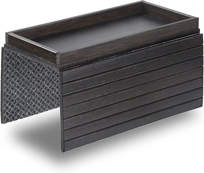 DETOR Sofa Arm Tray with Spacious 12.4" x 5.4" Storage Box, Ebony Bamboo Finish, Enhanced Non-Slip Felt Bottom, Sturdy Bamboo Slats, Fits Armrests 6" and Wider