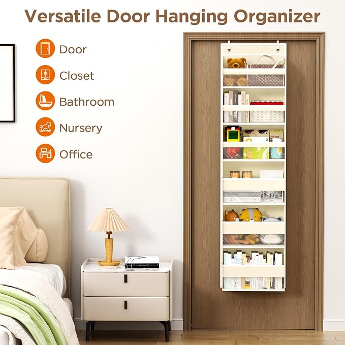 Mefirt 6 Tiers Over The Door Organizer, Heavy Duty Hanging Organizer Storage with Large Capacity Pockets, Behind Door Storage Hanging Shelves for Closet Wall Bathroom Bedroom Nursery Pantry, 1 Beige