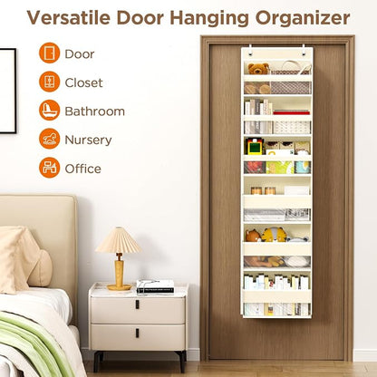 Mefirt 6 Tiers Over The Door Organizer, Heavy Duty Hanging Organizer Storage with Large Capacity Pockets, Behind Door Storage Hanging Shelves for Closet Wall Bathroom Bedroom Nursery Pantry, 1 Beige