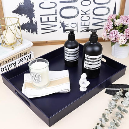 Navy Blue Serving Tray for Coffee Table, Rectangular Plastic Decorative Tray with Handles for Entertaining, Outdoor Patio, Living Room, Ottoman, Bathroom Counter, 11.8”*15.7”*1.6”