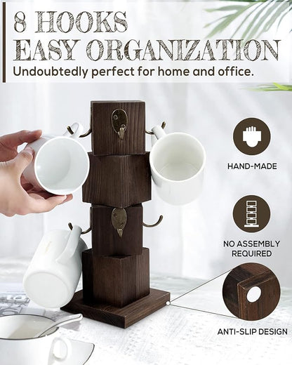 PUERSI Coffee Mug Holder for Counter, Rustic Solid Wood Mug Tree, Farmhouse Wooden Coffee Cup Rack with 8 Hooks (Rustic Brown)