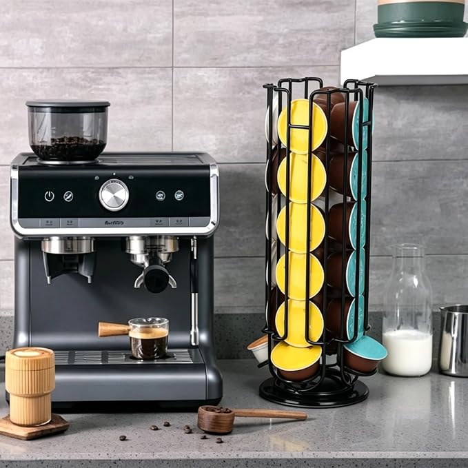 Rotating Coffee Pod Holder for Dolce Gusto Capsules,360° Spinning Coffee Capsule Carousel,48 Pod Capacity Metal Wire Storage Rack,Countertop Coffee Organizer Stand for Kitchen & Office (Black)