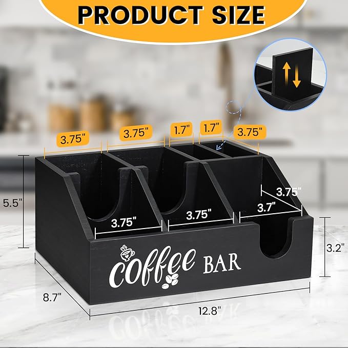 Coffee Station Organizer, Coffee Cup Holder for Counter, Wood Coffee Pod Holder Storage Basket, Tea Condiment Organizer for K Cup Sugar, Rustic Coffee Bar Decor for Coffee Accessories