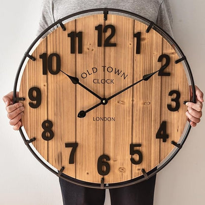 MICWIC 24 Inch Farmhouse Wall Clock Large Old Town Vintage Rustic Wooden Clock with Metal Rim and Large Numerals, Silent Battery-Operated for Office, Kitchen, Bedroom, and Living Room