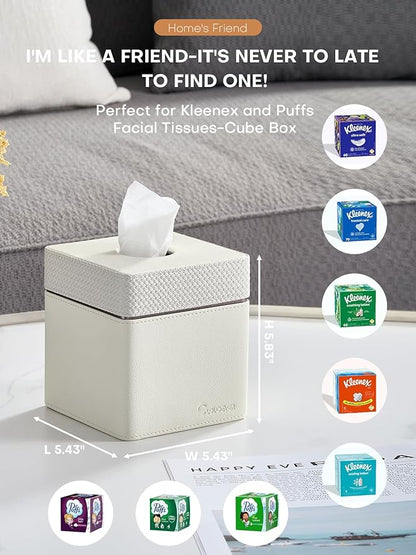 Cloudever Tissue Box Holder Cover, Modern PU Leather Square Decorative Tissue Holder Organizer-Woven New Off White