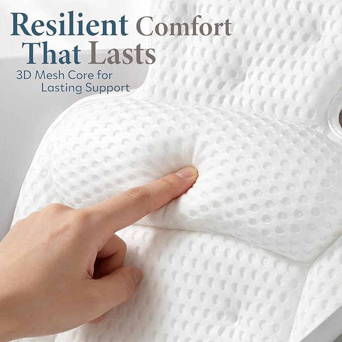 Bath Pillows for Tub, Comfortable Bathtub Cushion for Head and Neck with Soft 3D Mesh Fabric and 54 Non-Slip Suction Cups, Relaxing Tub and Shower Accessories Spa Gift White Extra Thick