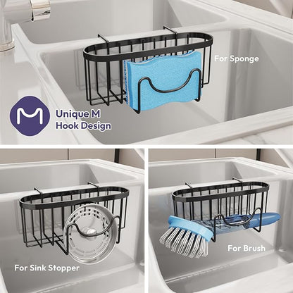 SWTYMIKI Sponge Holder for Kitchen Sink - Movable Kitchen Sink Caddy with M Shape Hook Stainless Steel Hanging Sponges Caddy Organizer in Double Bowl Sinks Depth>3.15in, Middle Divider<1.5in, Black L