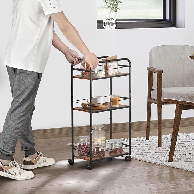 Bar Cart, Small Bar Cart for Small Spaces, 3-Tier Rolling Kitchen Cart on Wheels, Slim Narrow Liquor Cart with Protective Fence, Industrial Mini Coffee Station for Home, Rustic Brown