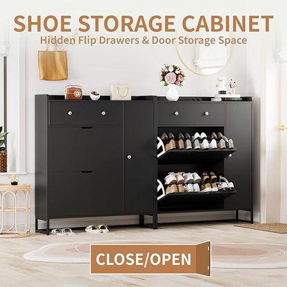 YESHOMY Shoe Cabinet for Entryway, Shoe Storage Cabinet with 2 Flip-Front Doors & Drawers, Shoes Organizer for Living Room and Hallway, Black