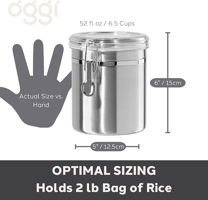 OGGI Stainless Steel Kitchen Canister 47oz - Airtight Clamp Lid, Clear See-Thru Top - Ideal for Kitchen Storage, Food Storage, Pantry Storage. Large Size 5" x 6"
