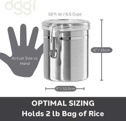 OGGI Stainless Steel Kitchen Canister 47oz - Airtight Clamp Lid, Clear See-Thru Top - Ideal for Kitchen Storage, Food Storage, Pantry Storage. Large Size 5" x 6"
