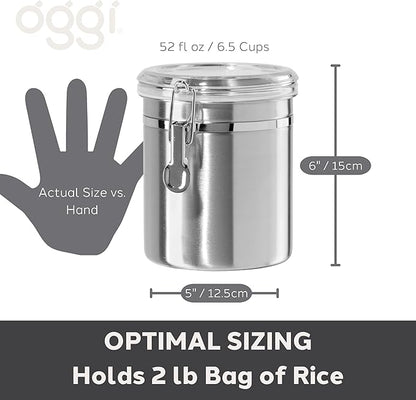 Oggi Stainless Steel Kitchen Canister 152 fl oz - Airtight Clamp Lid, Clear See-Thru Top - Ideal for Kitchen Storage, Food Storage, Pantry Storage. Jumbo Size 8" x 8".