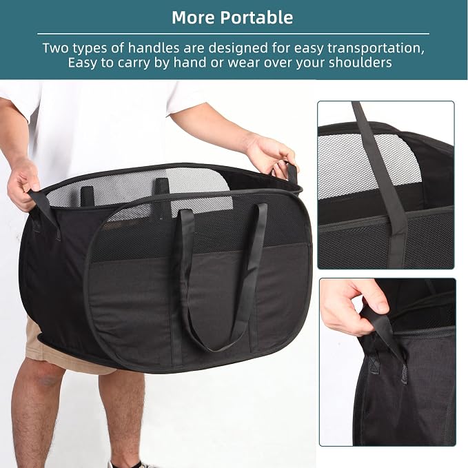 2 Pcs Collapsible Laundry Baskets, Tear Proof Pop Up Laundry Hamper with Dual Handles, Durable Foldable Laundry Basket, Easy to Carry Laundry Hamper for Home, Laundry Room, Bedroom, Dorm, Travel Black