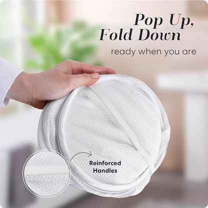 Pop Up Hamper, Collapsible Mesh Laundry Basket - Handy Laundry 71L Foldable Clothes Hamper with Reinforced Handles, Wide Opening and Side Pocket for Dorm, Travel, Cruise, Bedroom (White)