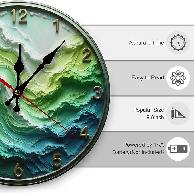 Wall Clock, Abstract Ocean Wave Non Ticking Wall Clocks Battery Operated, Teal Wooden Wall Clocks for Kitchen, Living Room, Bedroom, Office, Bathroom Decorative. 10 Inch