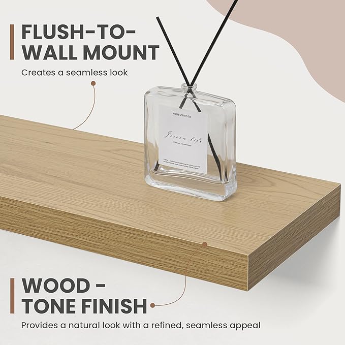 Acovy 40 Inch Floating Shelves, 8 Inch Deep Floating Shelves for Wall, Hanging Shelf with Invisible Brackets, Deep Shelves for Bathroom, Bedroom, Living Room, Oak, Set of 2