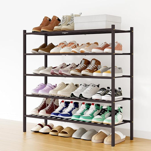 Smiry Long Bamboo Shoe Rack, 5 Tier Free Standing Wooden Shoe Organizer, Stackable Wood Shoe Storage Shelf for Closet, Entryway, 12 Vertical Slats, 2+2+1 Stack Standard Legs, 33.7"x11"x32.5", Brown