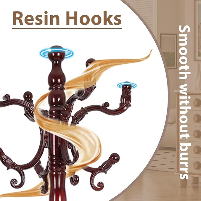 Solid Wooden Coat Rack Stand, Coat Racks Freestanding with 14 Hooks, Natural Birch Wood Coat stands with Sturdy Round Base, tree Coat Hanger Standing for Entryway Bedroom Office (Redwood disc)