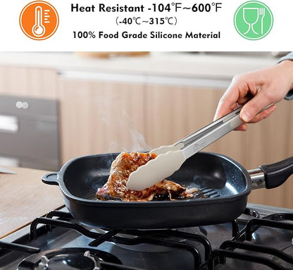 HOTEC Premium Stainless Steel Locking Kitchen Tongs with Silicon Tips, Set of 3-7", 9" and 12" (Khaki)