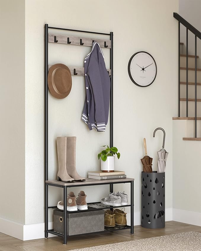 VASAGLE Coat Rack, Hall Tree with Shoe Storage Bench, Entryway Bench with Shoe Storage, 3-in-1, Steel Frame, for Entryway, 12.6 x 27.6 x 68.9 Inches, Industrial, Greige and Black UHSR41MB