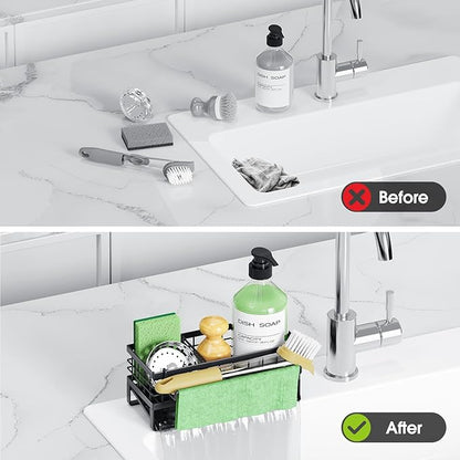 DYFVREN Self-Draining Kitchen Sink Caddy, Rustproof Non-Slip Sponge Holder with Detachable Dish Cloth Holder (Black)