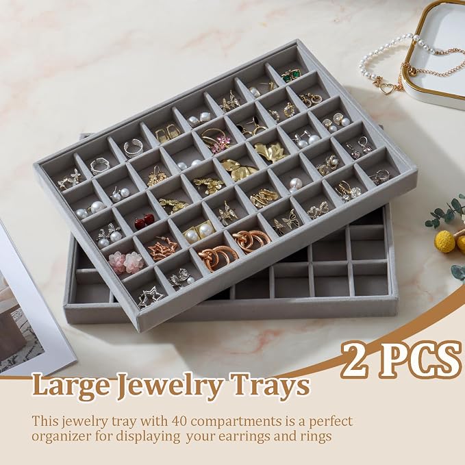 Large Velvet Jewelry Tray 2 Pack Stackable Jewelry Display Drawer Inserts Trays Organizer for Earring Bracelet Necklace Ring (Gray, 40 Grids)