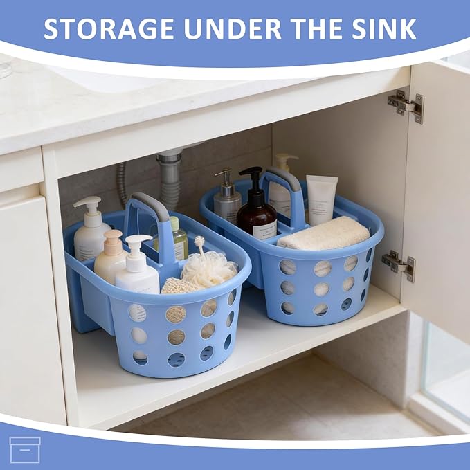 Large Shower Caddy Portable 2PC - Made in USA Plastic Jumbo Size Dorm Storage Candy Tote with Handle Shower Organizer for Bathroom, Pantry, Kitchen, College Dorm, Periwinkle