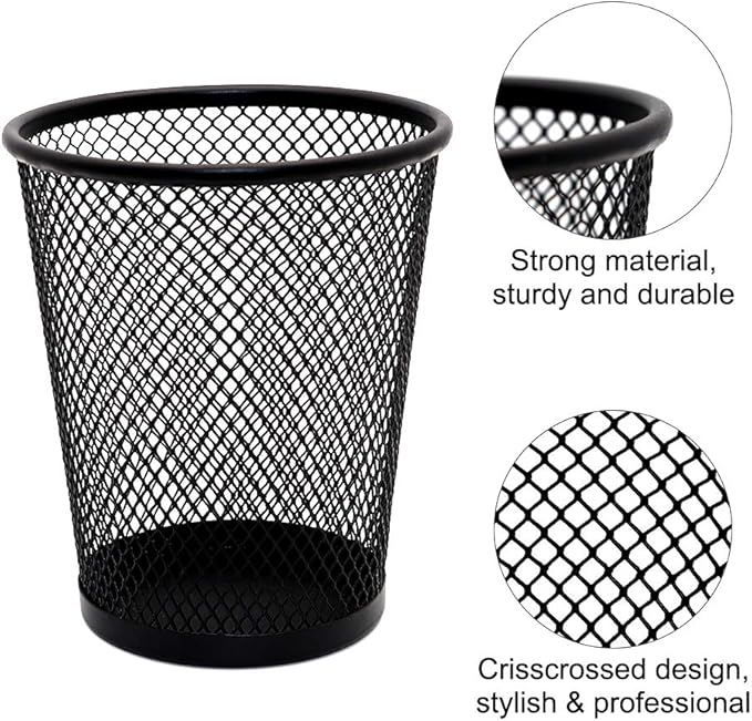 SLSON 4 Pack Pen Holder Metal Mesh Pencil Holders Round Shaped Pen Holders for Desk Office Wire Mesh Container Pen Organizer,Black