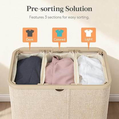 Lifewit 185L 3 Section Laundry Hamper with Lid, Large Laundry Basket with Handles and Removable Bags, Tall Clothes Hamper, Foldable Laundry Sorter for Bedroom Bathroom, Beige