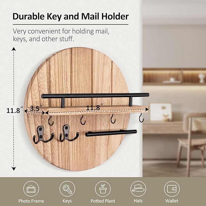 Nekon Key Holder Wall Mount, 11.8 Inch Key Rack with Shelf and 6 Key Hooks, Rustic Key and Mail Organizer, Circular Wooden Key Hanger for Entryway Hallway Kitchen (Wood)
