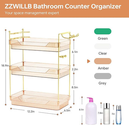 Bathroom Counter Organizer with Hair Dryer Holder and Toothbrush Holder, Acrylic Vanity Tray for Skincare, Perfume, Makeup Storage on Countertop ＆ Dresser (Amber, 3-Tier)