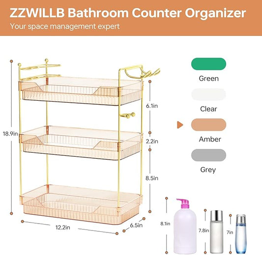 Bathroom Counter Organizer with Hair Dryer Holder and Toothbrush Holder, Acrylic Vanity Tray for Skincare, Perfume, Makeup Storage on Countertop ＆ Dresser (Amber, 3-Tier)