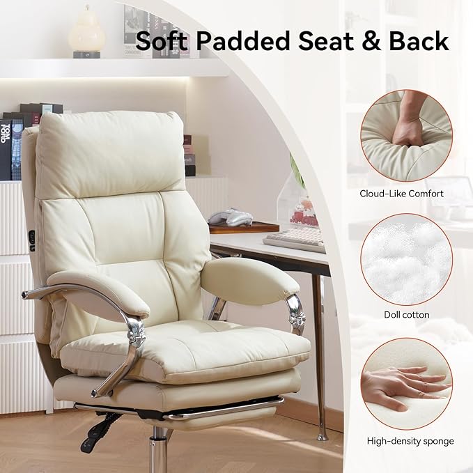 LEAGOO Heated Massage Office Chair with Foot Rest, Reclining Ergonomic Executive Office Chair with Massager for Lower Back, High Back PU Leather Comfy Heated Computer Desk Chair with Wheels, White