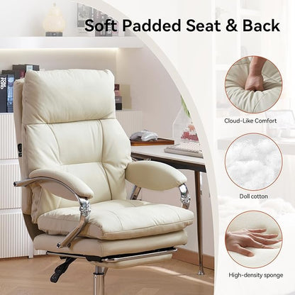 LEAGOO Heated Massage Office Chair with Foot Rest, Reclining Ergonomic Executive Office Chair with Massager for Lower Back, High Back PU Leather Comfy Heated Computer Desk Chair with Wheels, White