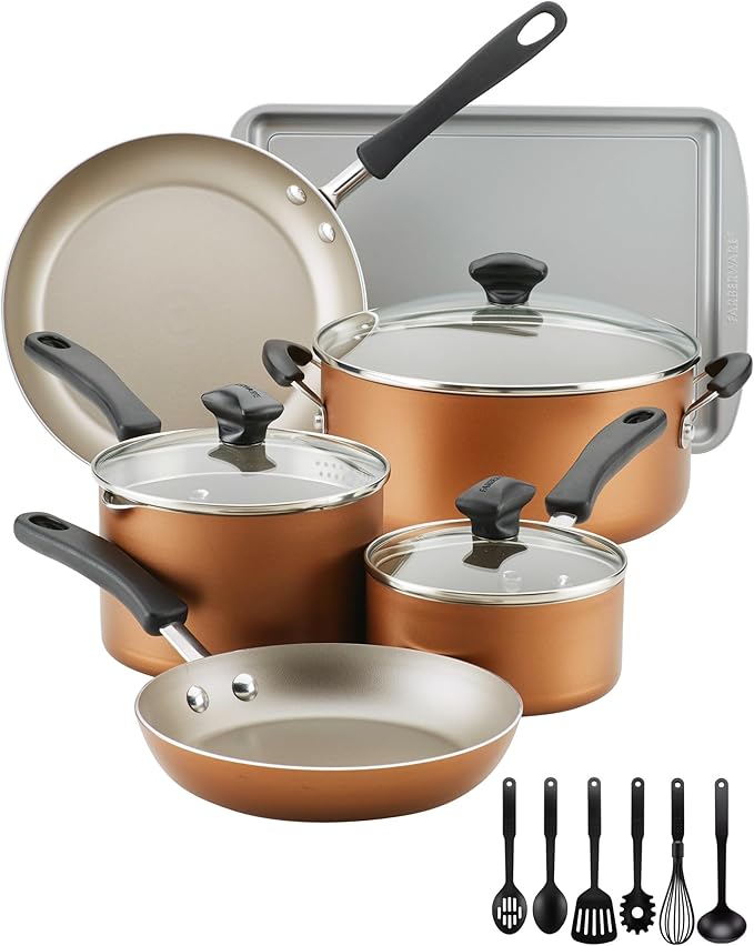Farberware Cookstart DiamondMax Nonstick Cookware/Pots and Pans Set, Dishwasher Safe, Includes Baking Pan and Cooking Tools, 15 Piece - Copper