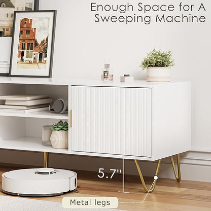 TV Stand for 55-65 Inch TV, Entertainment Center with Soft Hinge Door,TV Console Table with 2 Cabinets with Gold Handle and Feet,for Living Room, Bedroom, White