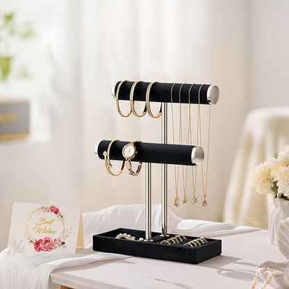 bussdis 2 Tier Bracelet Holder Display - Detachable T Bar Black and Silver Velvet Bracelet Holder, Jewelry Holder Organizer for Bracelet, Necklace, Earrings, Rings