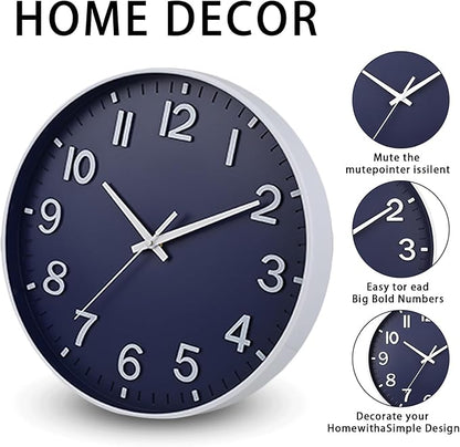 HZDHCLH Wall Clocks Battery Operated,Wall Clock Navy Blue,10 inch Wall Clock Silent Non Ticking Modern 3D Numbers for Kitchen Bedroom Living Room Office Classroom Decor