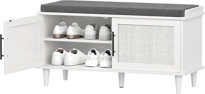Akxomel Rattan Shoe Storage Bench with Cushion, 2-Tier Entryway Bench with Adjustable Shelves and 2 Doors, 15" D x 39.4" W x 20" H, Solid Wood Legs, for Hallway, Living Room, Bedroom, White