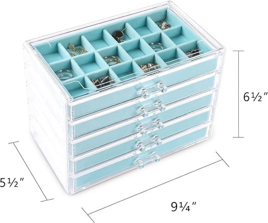 Frebeauty Acrylic Jewelry Organizer Earring Organizer Box with 5 Drawers Earring Holder Organizer with Velvet Trays Clear Jewelry Box for Women Earring Display for Rings Studs(Turquoise)