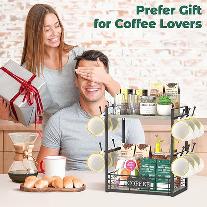 EsLuker.ly Coffee Mug Cup Holder Stand Bar Station Organizer for Countertop, Multi-Functional 2 Tier Mug Tree Rack for Kitchen, Storage Shelf with 12 Hooks, Light Grey-Black(Patented Design)