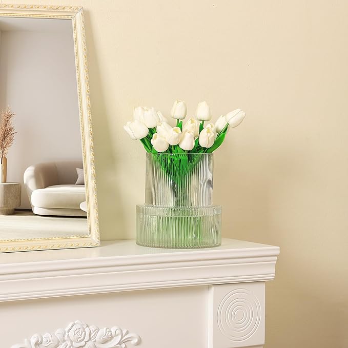 Ribbed Glass Vase, Large Glass Vase for Flowers, Fluted Glass Vases, Clear Glass Vases for Living Room, Office, Dining Table, Entryway, Mantle, Shelf, Wedding, 9 Inches