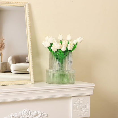 Ribbed Glass Vase, Large Glass Vase for Flowers, Fluted Glass Vases, Clear Glass Vases for Living Room, Office, Dining Table, Entryway, Mantle, Shelf, Wedding, 9 Inches