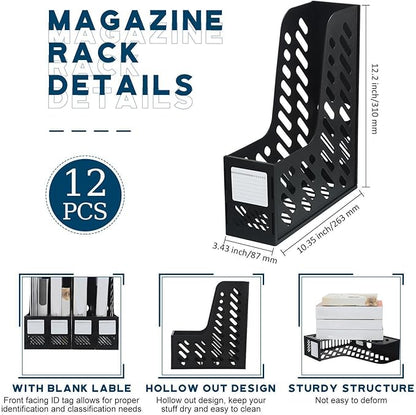 Glenmal 12 Pack Magazine Organizers Binder Organizer for Desk Plastic Vertical File Holder Magazine Racks Desk Accessories for Office, Home, or School (Black)