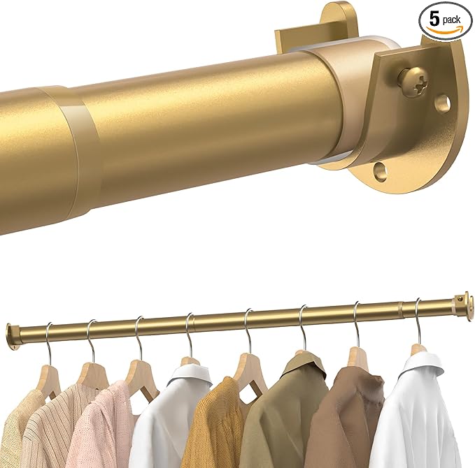 Supforce 5 Pack Closet Rods for Hanging Clothes, 17 to 54 Inches Stepless Adjustable Metal Closet Rod, 1.3 Inches Heavy Duty Clothes Hanging Rod for Closet Wardrobes Laundry RV, Golden