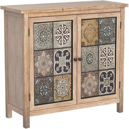 Sophia & William Accent Cabinet with 2 Doors, Distressed Storage Cabinet with Wood Frame and Checkered Patterns for Entryway Living Room