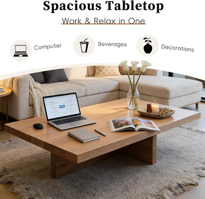 Solid Wood Square Coffee Table 2 Inch Thick Farmhouse Low Minimalist Center Table for Living Room Office