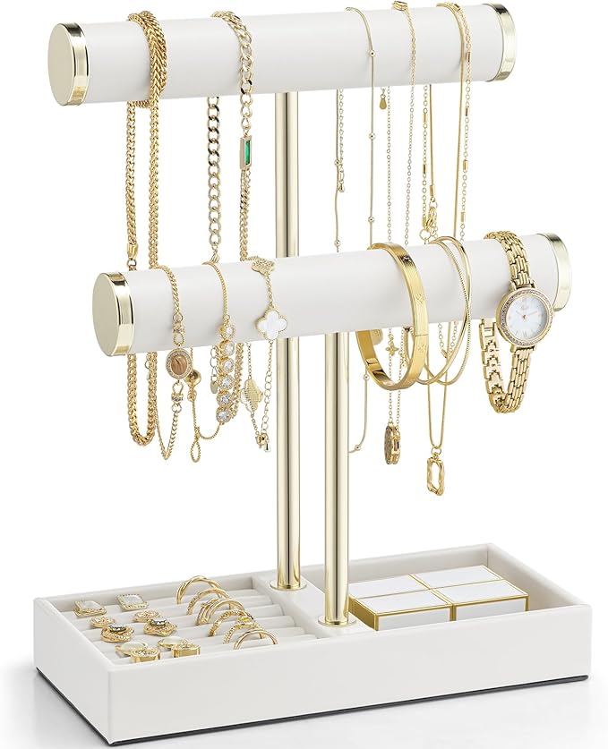 VLANDO 2 Tier Bracelet Holder with Tray - Leather Jewelry Stand Organizer for Women - Necklace Holder Display for Necklace, Watches, Rings, Earrings, Bangle, Scrunchie - White